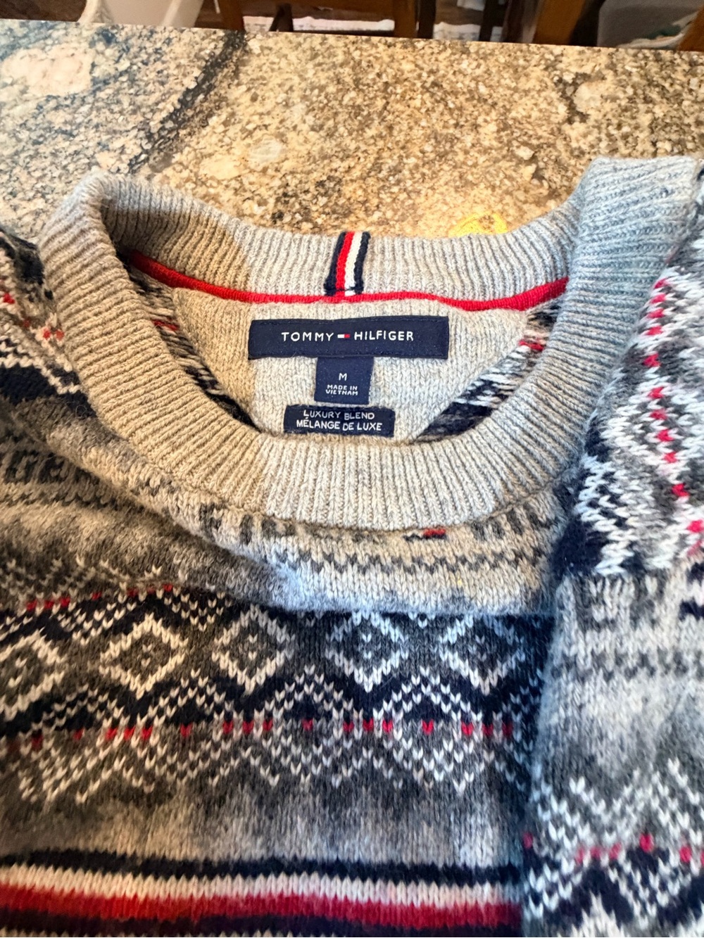 Tommy Hilfiger Gray Fair Isle Crewneck Sweater with Navy & Red Accents